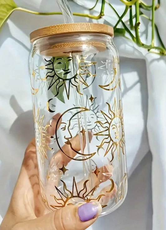 16oz Gold Moon & Sun Glass Water Bottle with Lid & Straw